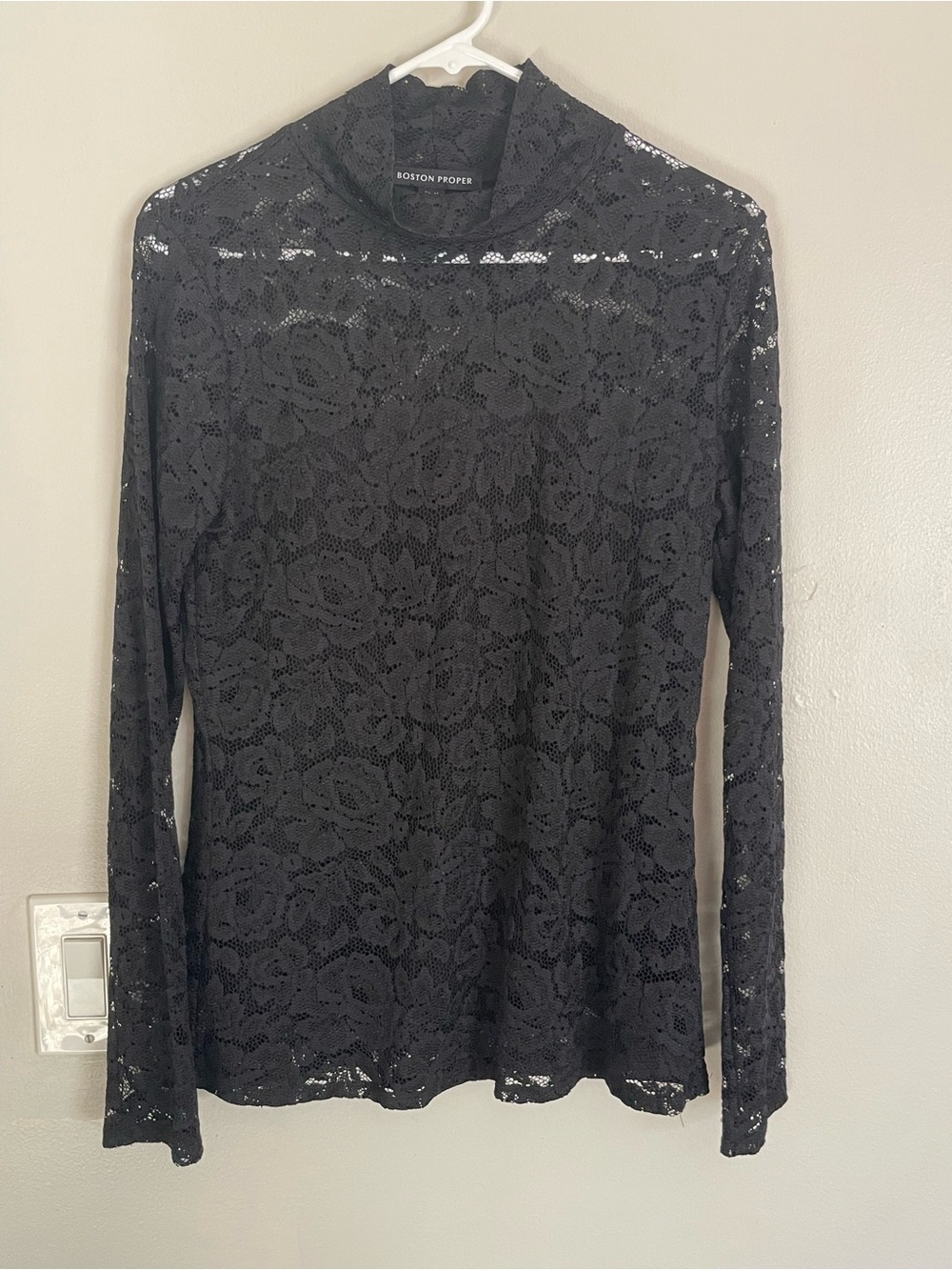 Boston Proper Black Lace Long Sleeve Top Gothic Witchy Blouse Sz M Grunge